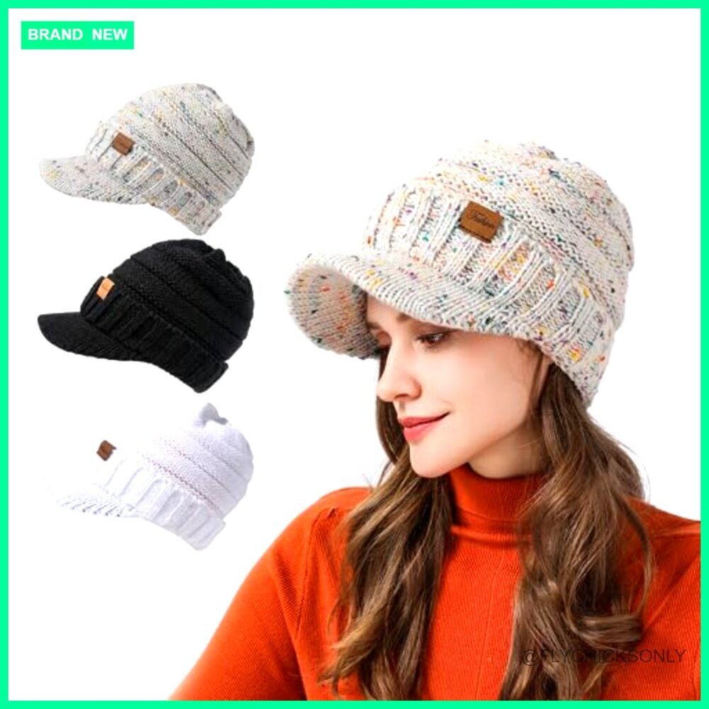 Thick Warm Knit Beanie Hat with Visor for Winter Activities - Picture 6 of 7